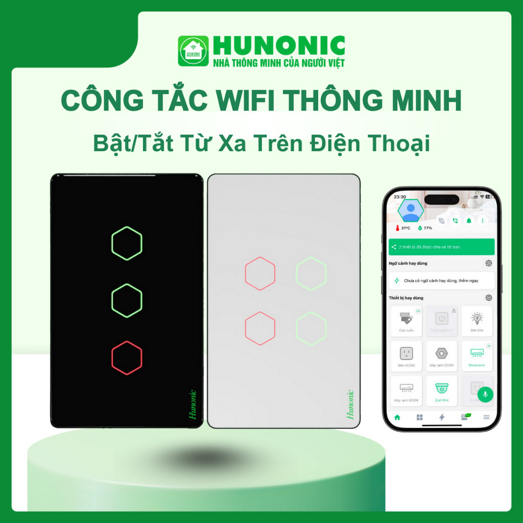 Công Tắc Cảm Ứng Thông Minh Wifi Hunonic Datic 1,2,3,4 Nút - Điều Khiển Từ Xa Qua Điện Thoại
