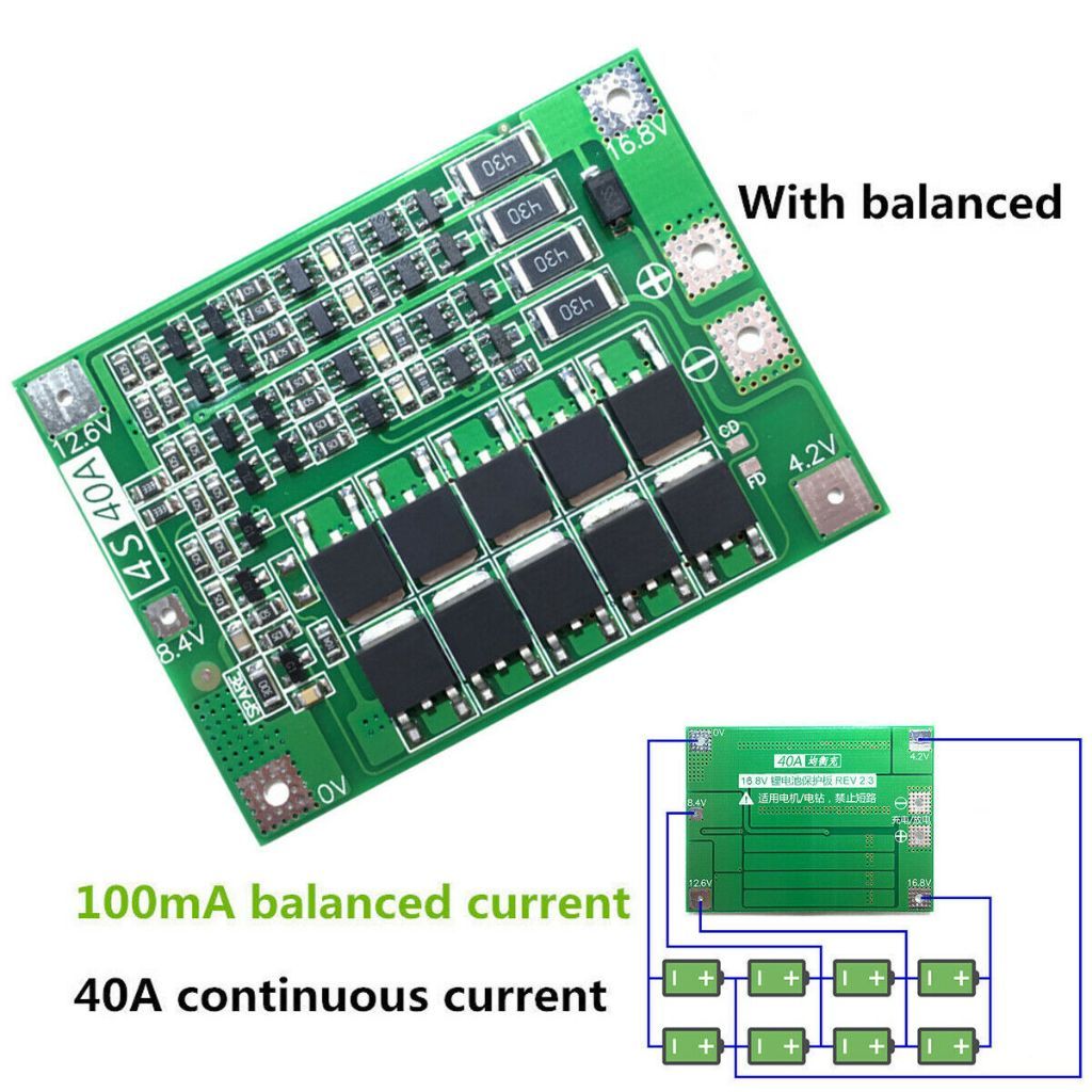 Mạch Bảo Vệ Pin 4S 14.8V / 16.8V – 18650 Lithium BMS 40A Dòng Cao